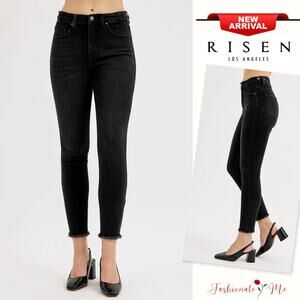RISEN Tummy Control High Rise Adjustable Waist Raw Hem Black Skinny Denim Jeans